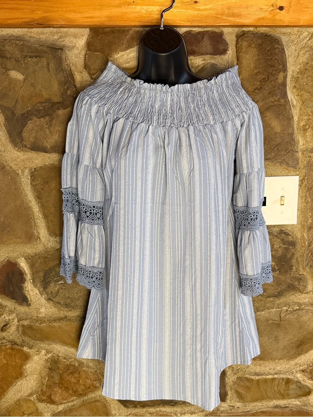 Smocked Off-Shoulder Blue Striped Tunic with Lace Trim